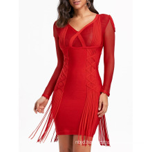 Lady Red Bandage Dress with V-Neck Collar Tassel Dress